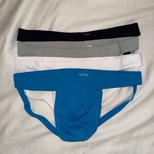 Set of Four Men's Jockstraps in Black, Gray, White, and Blue